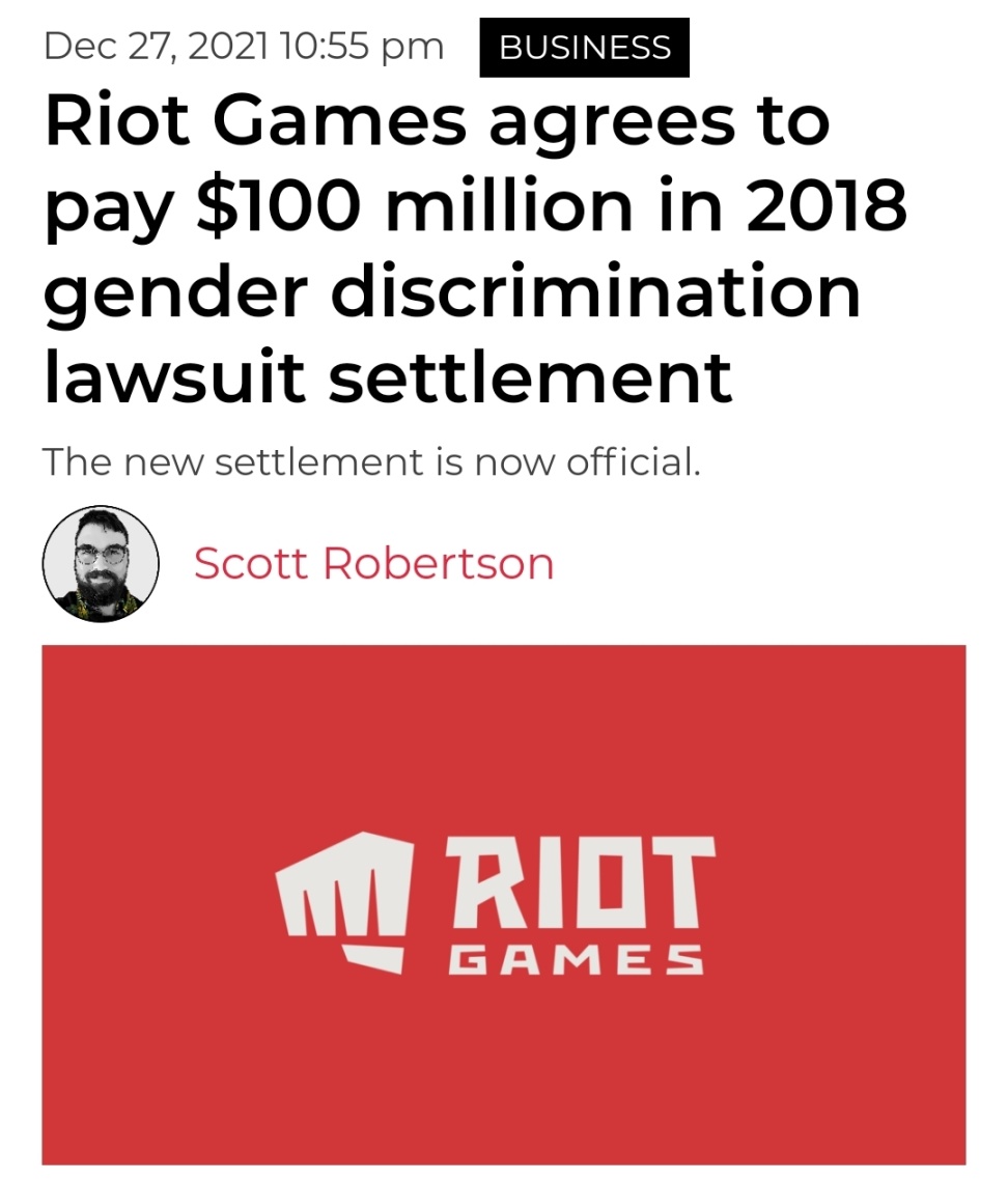 【英雄联盟】Riot将就性别歧视诉讼达成一亿美元和解-第0张