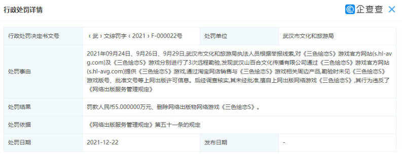 【PC游戏】游讯：《三色绘恋S》因擅自发行，武汉山百合文化有限公司被处罚6万元-第2张