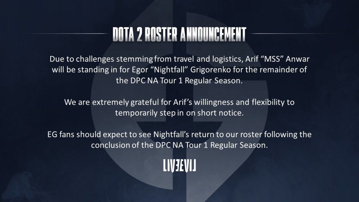【刀塔2】EG戰隊公告：MSS將頂替Nightfall出戰剩下的DPC北美賽區比賽-第0張