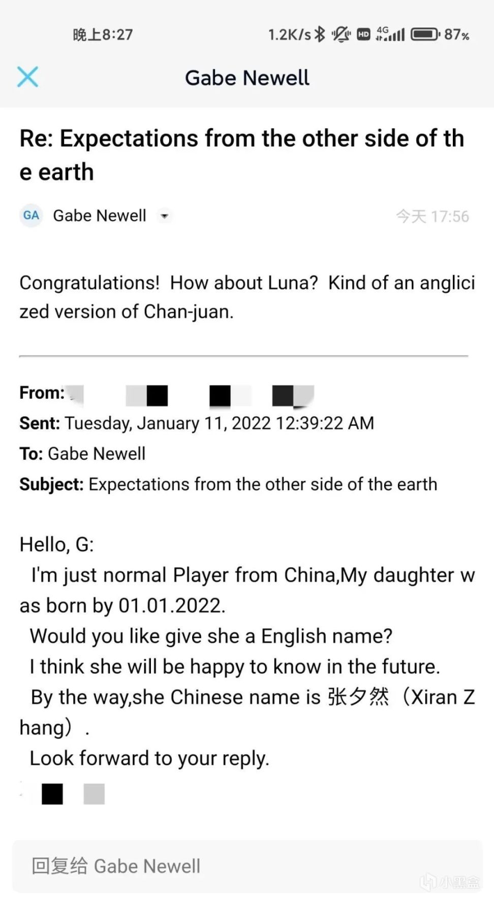 【PC游戏】G胖给中国玩家女儿起名：叫Luna咋样？
