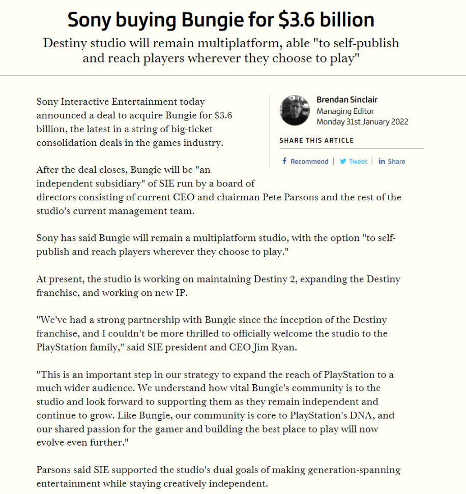【PC游戏】索尼宣布以36亿美元的价格收购 Bungie 工作室