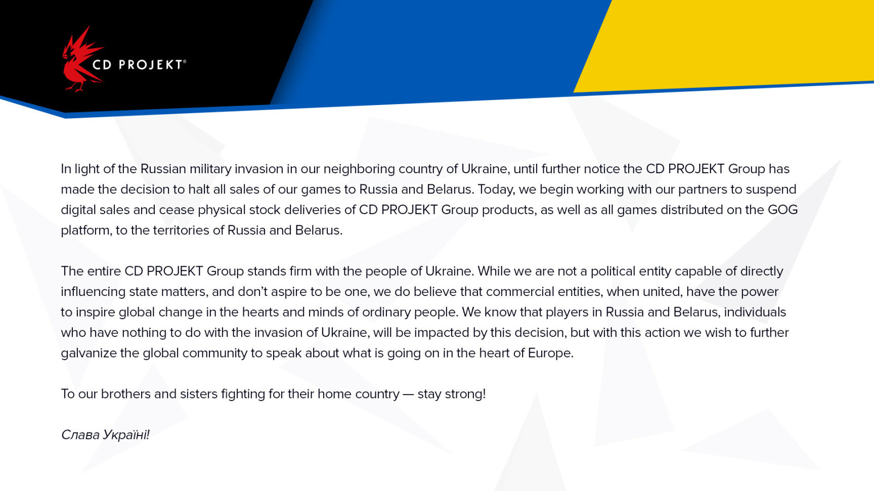 【PC游戏】CDPR发布公告，宣布将停止向俄罗斯与白俄罗斯销售旗下的游戏-第0张