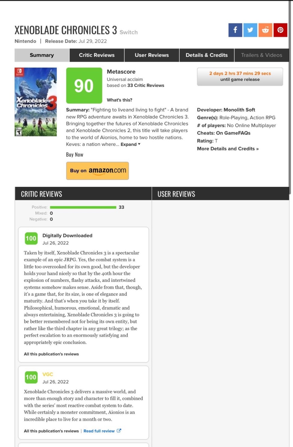 《异度神剑3》MC网站首批媒体均分已出：得分90分