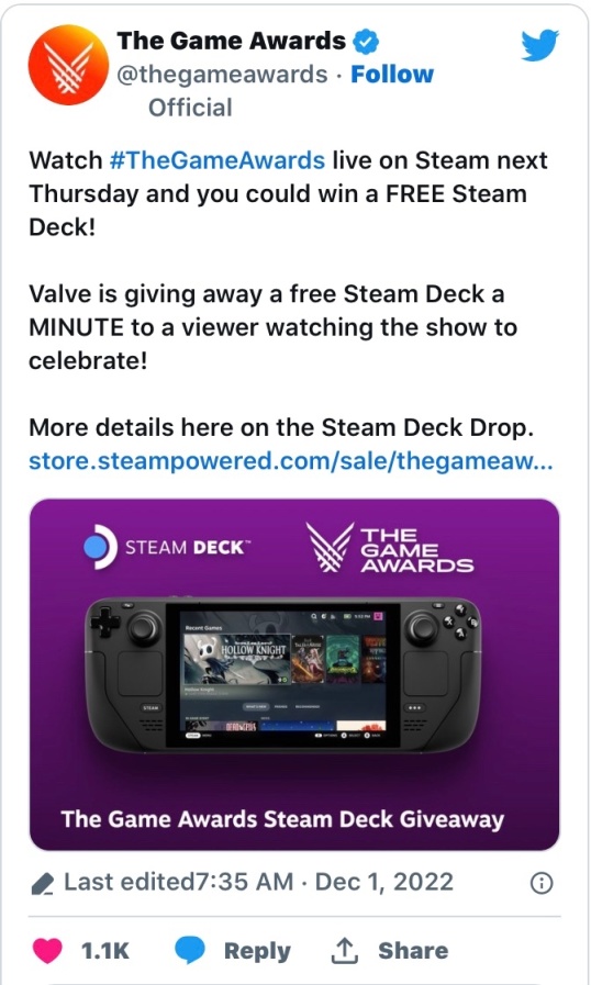 【PC游戏】Valve将在TGA 2022直播期间每分钟送出一台Steam Deck-第0张