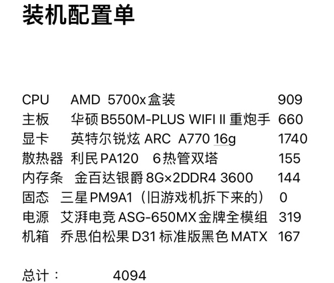 618硬件配置：4000预算5700X+ARC A770 16g