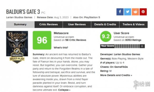 【PC游戏】悲！《博德之门3》M站评分降至96！-第1张