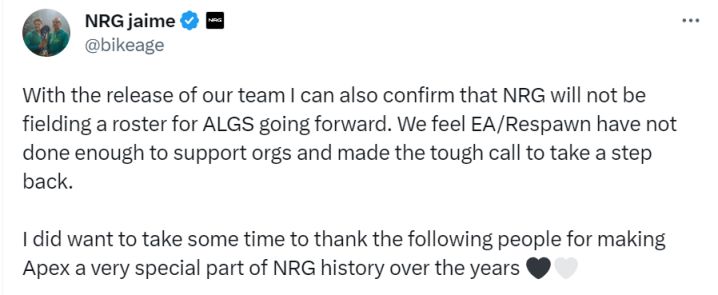 【Apex 英雄】NRG宣布退出ALGS！又是EA的战队分成问题-第1张