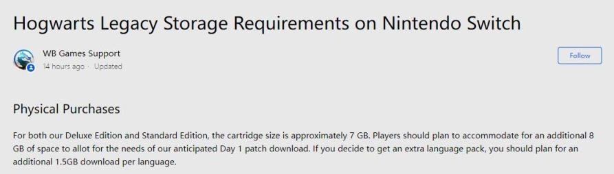 《霍格沃兹之遗》switch版补丁为8GB！比游戏本体还大