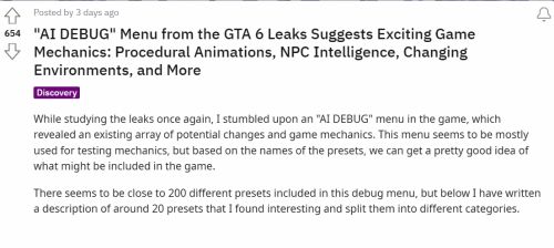 《GTA6》AI Debug菜單洩露 包含大量新系統內容-第0張