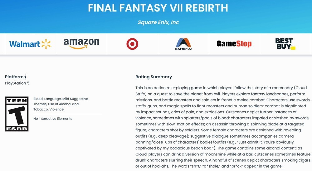 《最终幻想7：重生》评级T，适合13+青少年游玩-第0张