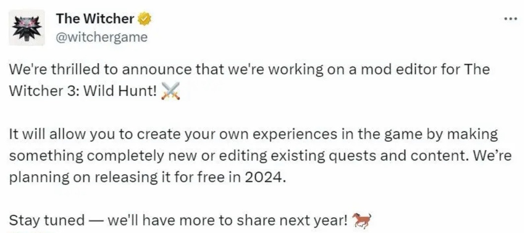 【主机游戏】CDPR宣布将于2024年发布《巫师3》官方Mod编辑器-第1张