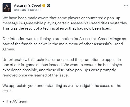 【PC遊戲】育碧為《刺客教條：幻景》的全屏廣告道歉並刪除-第0張