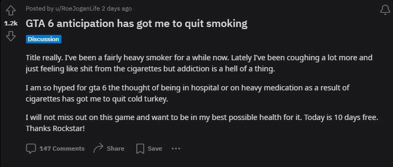【PC游戏】玩家为玩《GTA6》选择戒烟:害怕抽出病错过游戏-第1张
