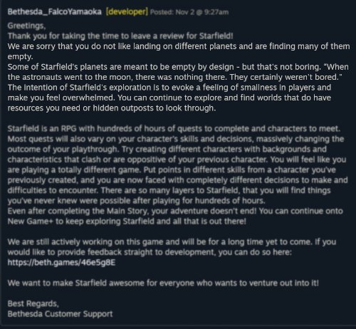 【PC遊戲】貝塞斯達開發者《星空》的差評回應說了什麼-第1張