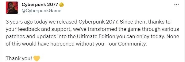 《赛博朋克：2077》发售三周年！官方发推感谢玩家！