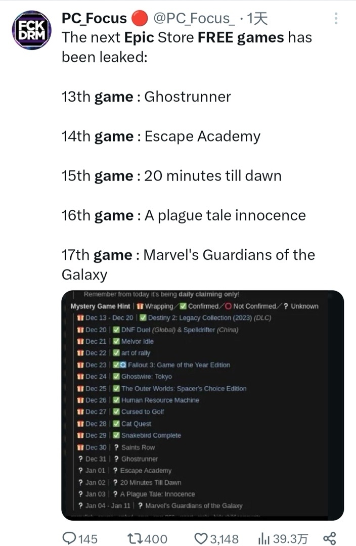 祝大家新年快乐！Epic剩余三款免费游戏爆料（含抽奖)