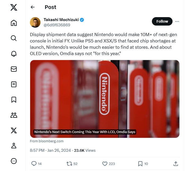 下一代NS掌机：推出8英寸LCD屏幕，年产有望到1000万台