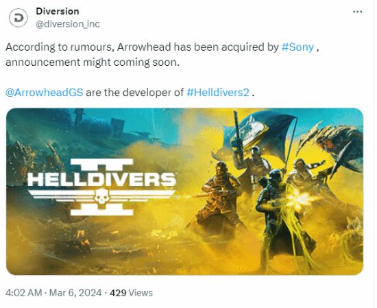 【PC游戏】索尼或已收购《地狱潜者2》开发商Arrowhead-第0张