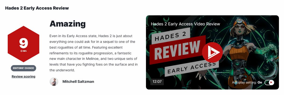 《哈迪斯2》IGN9分，好评率98%，最好肉鸽之一的续作