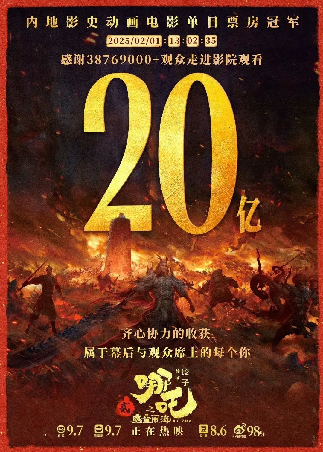 投票
  《哪吒2》票房每破一亿，饺子导演就亲笔画一张破亿海报？-第20张