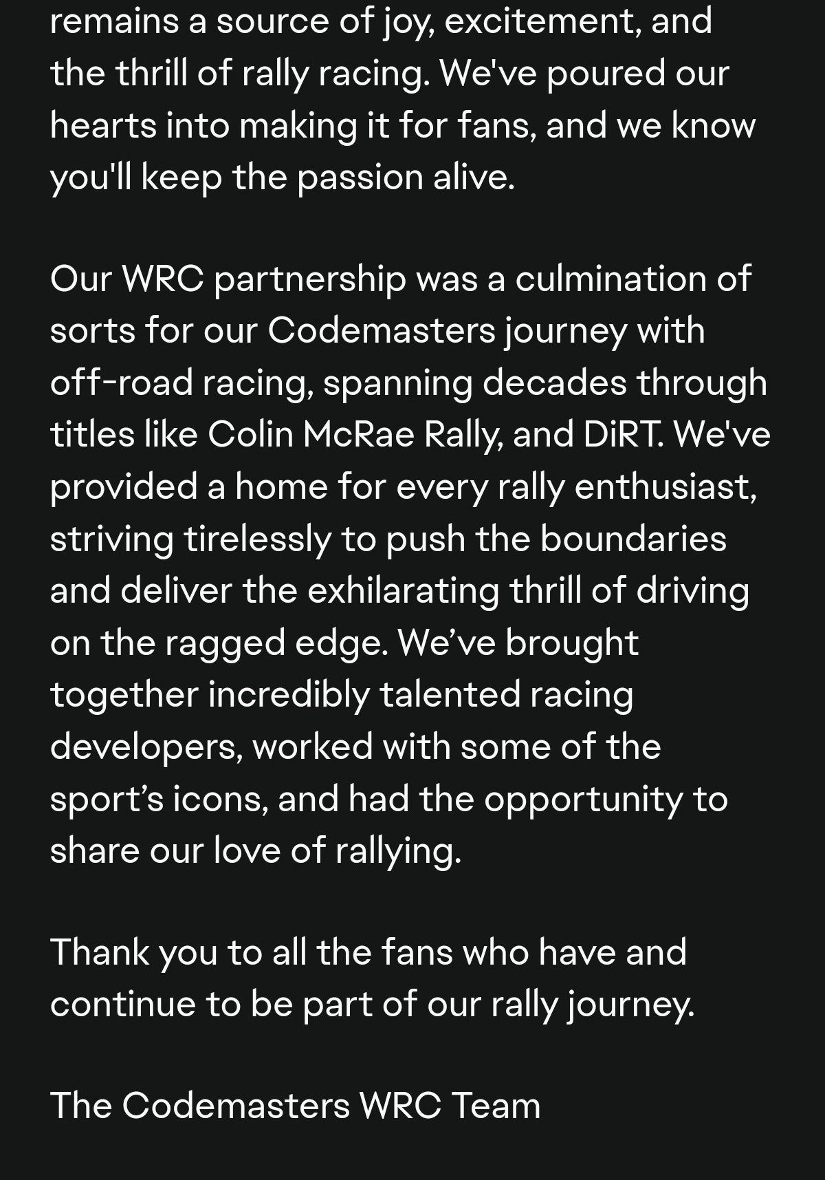 Codemasters宣布不再开发《WRC》及拉力题材游戏!-第1张
