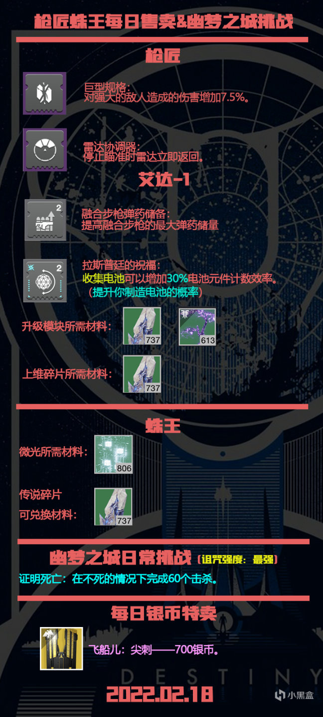 《天命2》槍匠蛛王每日售賣&幽夢之城日常——2022.02.18-第1張