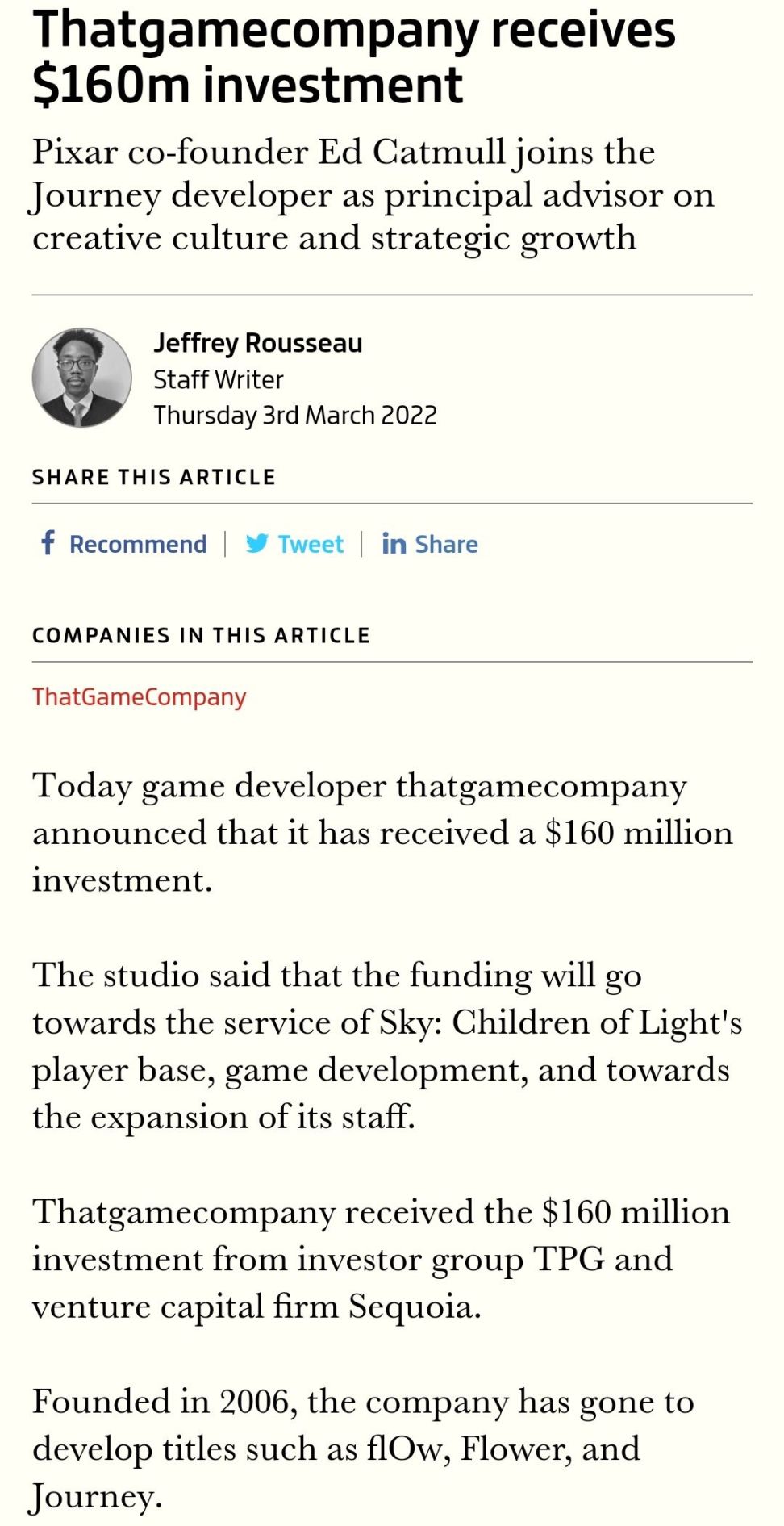 《光·遇》开发商获1.6亿美元巨额融资，陈星汉或开发新作品-第1张