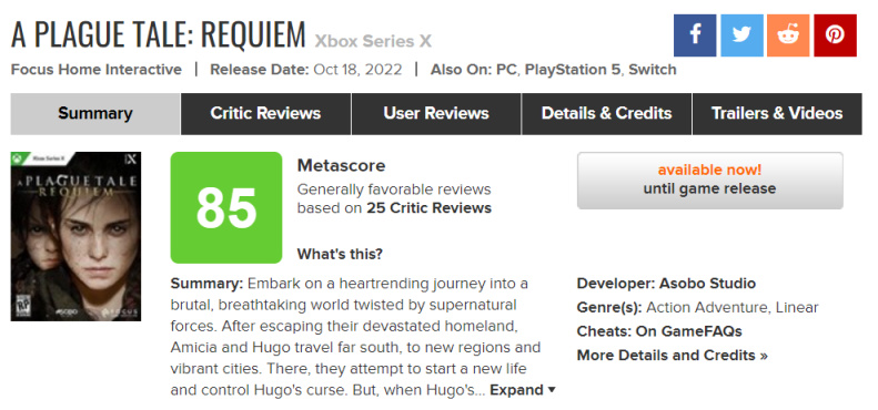 《瘟疫传说:安魂曲》媒体评分解禁 M站均分:84分 其中IGN 8分 GS 7分-第1张