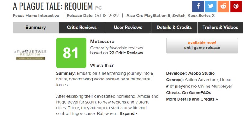 《瘟疫传说:安魂曲》媒体评分解禁 M站均分:84分 其中IGN 8分 GS 7分-第2张