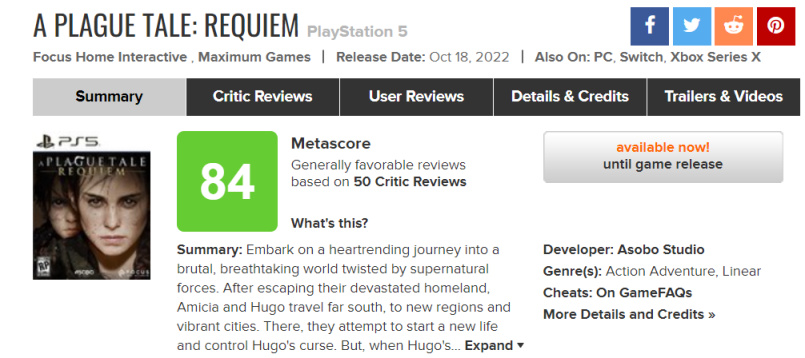 《瘟疫传说:安魂曲》媒体评分解禁 M站均分:84分 其中IGN 8分 GS 7分-第3张