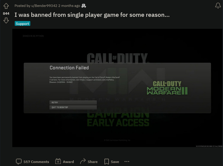 《使命召唤19》无故被永封？前微软员工发长文吐槽