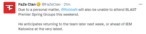 【CS:GO】FaZe官方：rain和RobbaN將缺席BLAST春季小組賽-第1張