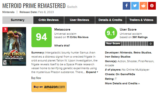 《银河战士Prime复刻版》M站均分94！玩家评分9.1-第1张