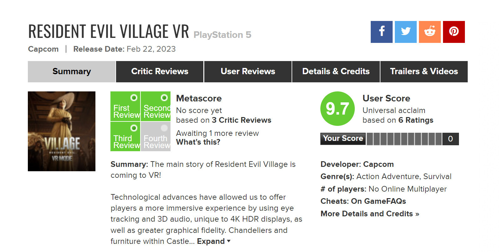 《生化危機8 VR》IGN 8分 MTC用戶評分9.7分-第2張