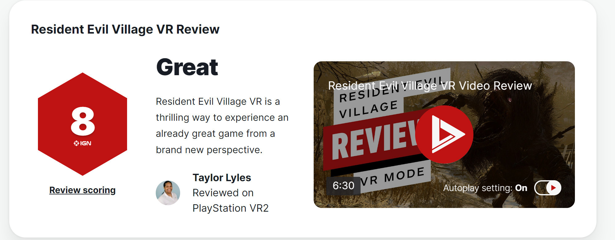 《生化危機8 VR》IGN 8分 MTC用戶評分9.7分-第1張