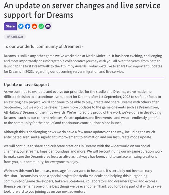PS独占创造平台《Dreams》将于9月1日停止未来支持-第1张