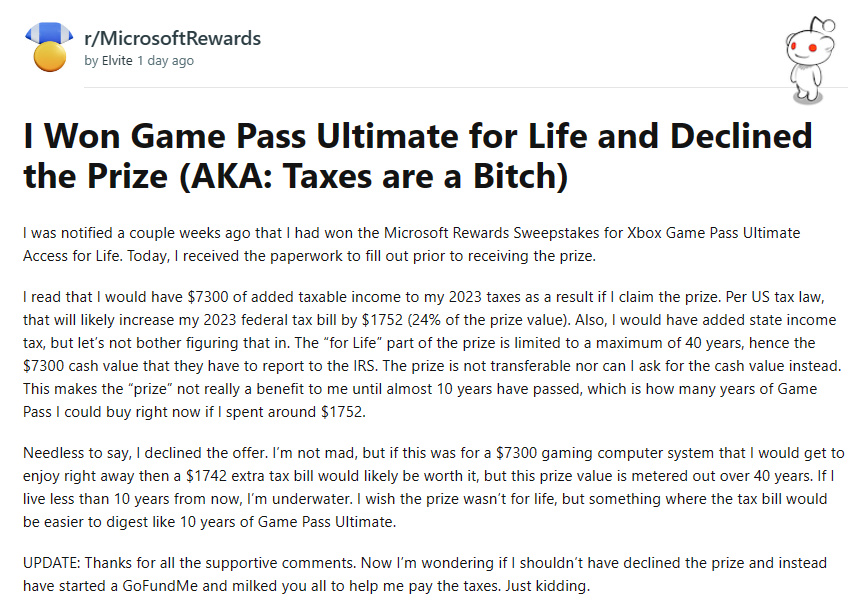 【主機遊戲】玩家獲得終身XGP獎品卻無耐拒絕！因為在美國要付稅！-第1張