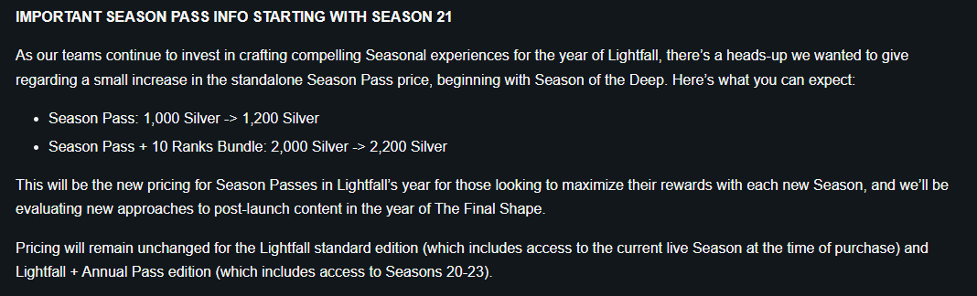 【PC遊戲】Bungie宣佈：《天命2》從21賽季開始，將提高季票價格-第1張