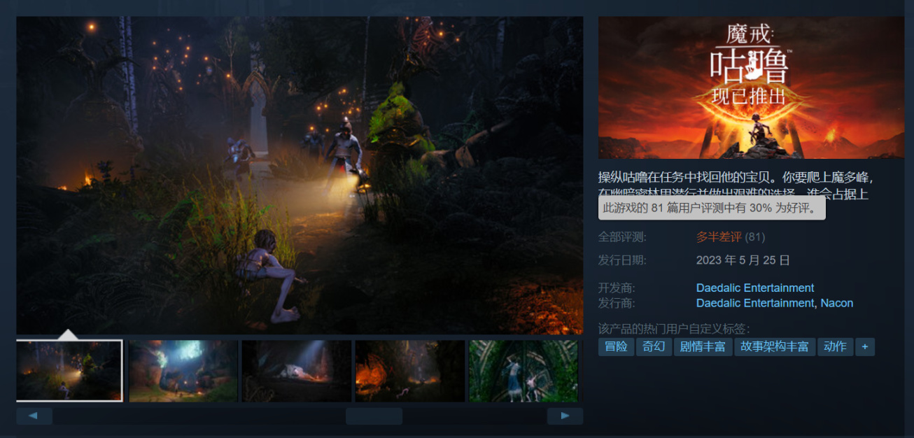《魔戒：咕噜》Steam首日在线不足800人-第1张