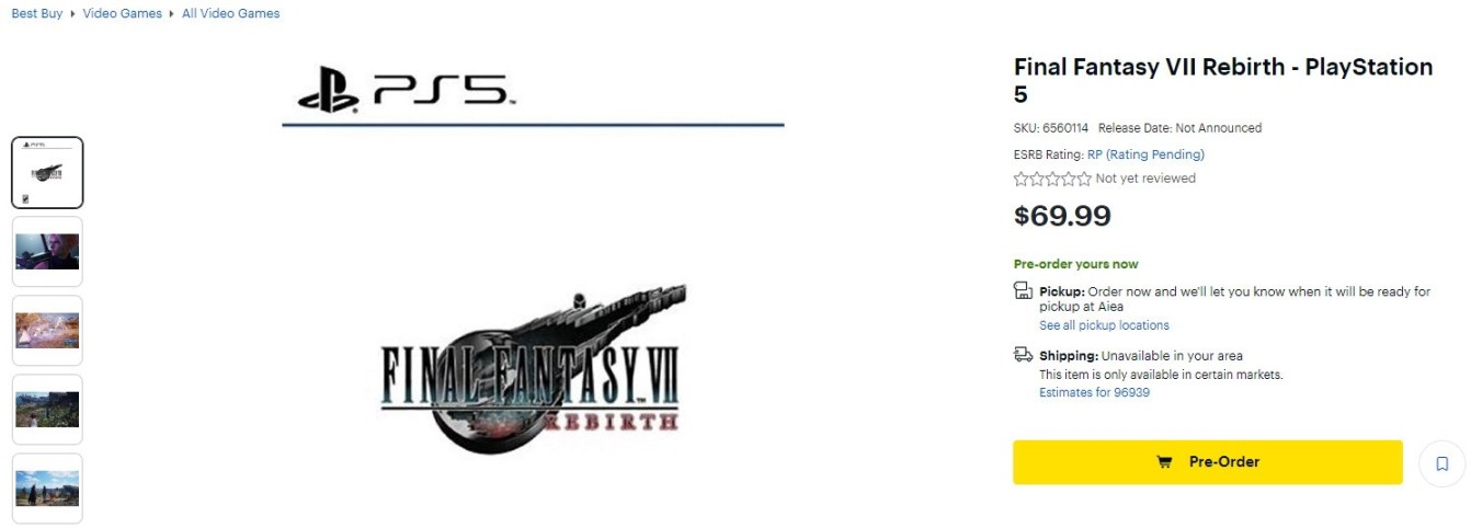 《最終幻想7：重生》上架百思買開啟預售 售70美元-第0張