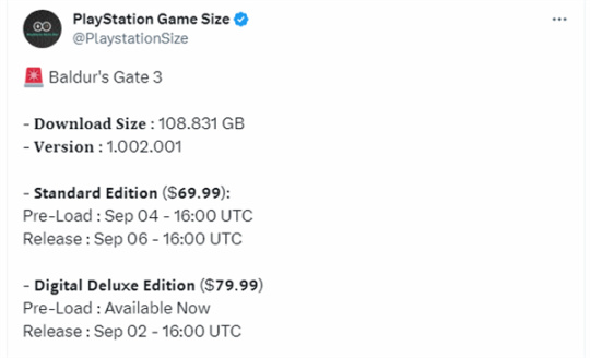 《博德3》PS5高級版已開啟預載，安裝需108GB儲存空間-第1張