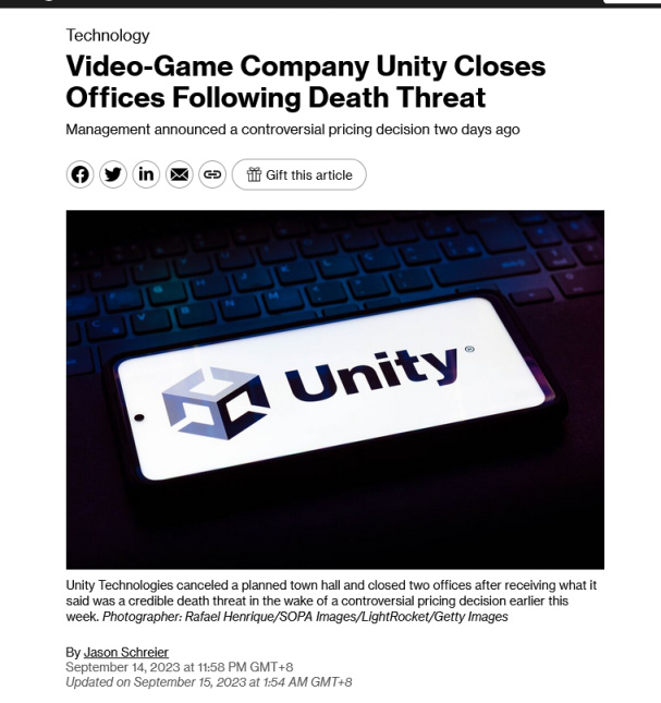 【PC游戏】Unity引来死亡威胁 被迫关闭多处办公室-第0张