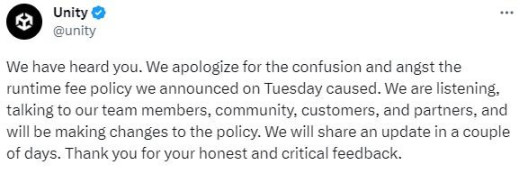【PC遊戲】Unity官方發推致歉 “安裝費”政策修改之後公佈-第1張