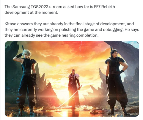 【主机游戏】北濑佳范:《FF7重生》开发接近尾声，已至最后调试阶段
