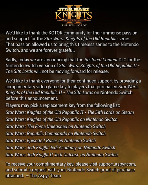 玩家就《舊共和國武士2》Switch DLC取消提起訴訟-第1張