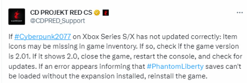 【主机游戏】XBOX版2077补丁有未正常更新问题 官方给出解决方案-第1张