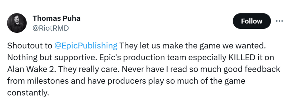 《心灵杀手2》高管感谢投资方Epic！不干扰创作太棒了