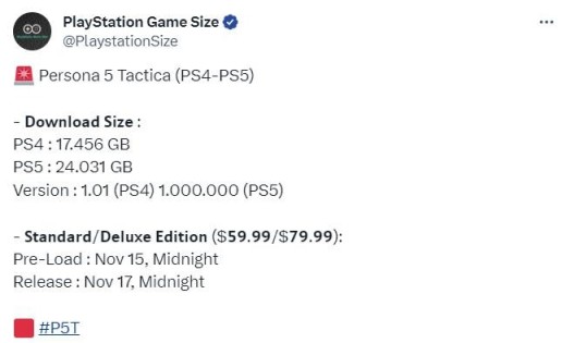 《女神異聞錄5：戰略版》PS5下載大小24GB 11月15日開始預載-第1張