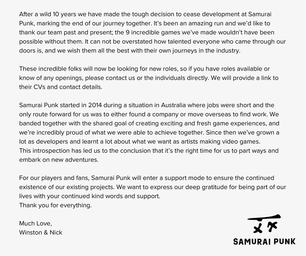 【PC遊戲】澳洲遊戲開發商Samurai Punk工作室宣佈關閉-第2張