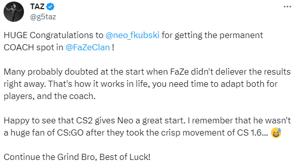 【CS2】TaZ祝贺NEO：生活就是这样，选手和教练都需要时间来适应-第0张